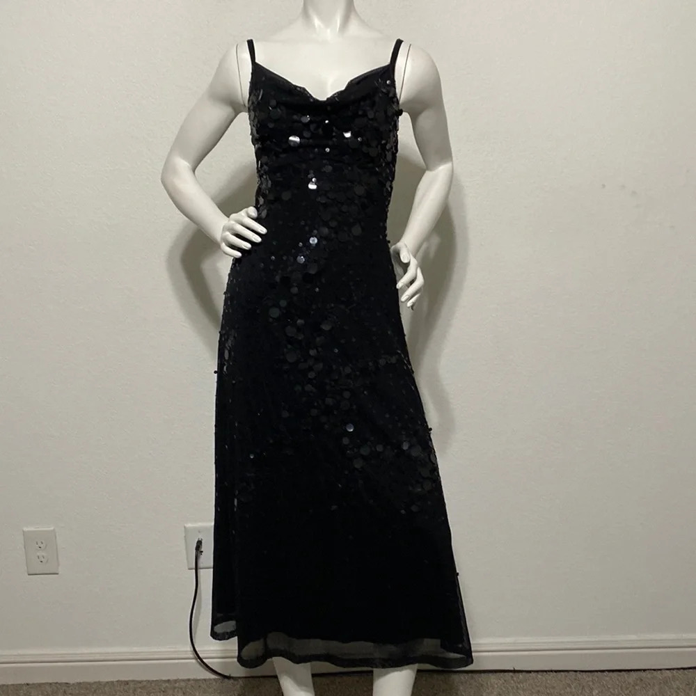 Tadashi Black Sequin Sleeveless Cowl Neck Evening Cocktail Party Midi Dress